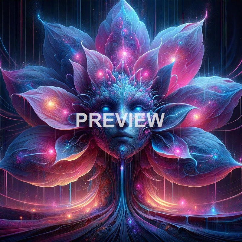 A surreal, glowing digital artwork depicting a female face integrated into a luminous, flower-like structure with vibrant pink, blue, and purple hues, surrounded by abstract, cosmic elements.